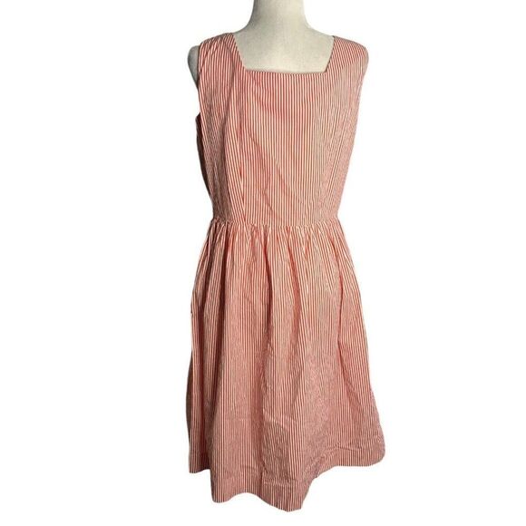 Vintage 50s Sleeveless Midi Swing Dress M Red Striped Buttons Pleated Lace Doily - Picture 5 of 7